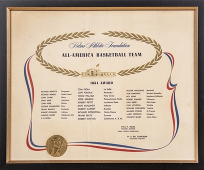 1954 Helms Athletic Foundation All-America Basketball Team Certificate Presented To Tom Gola In 19.5 x 16 Frame
